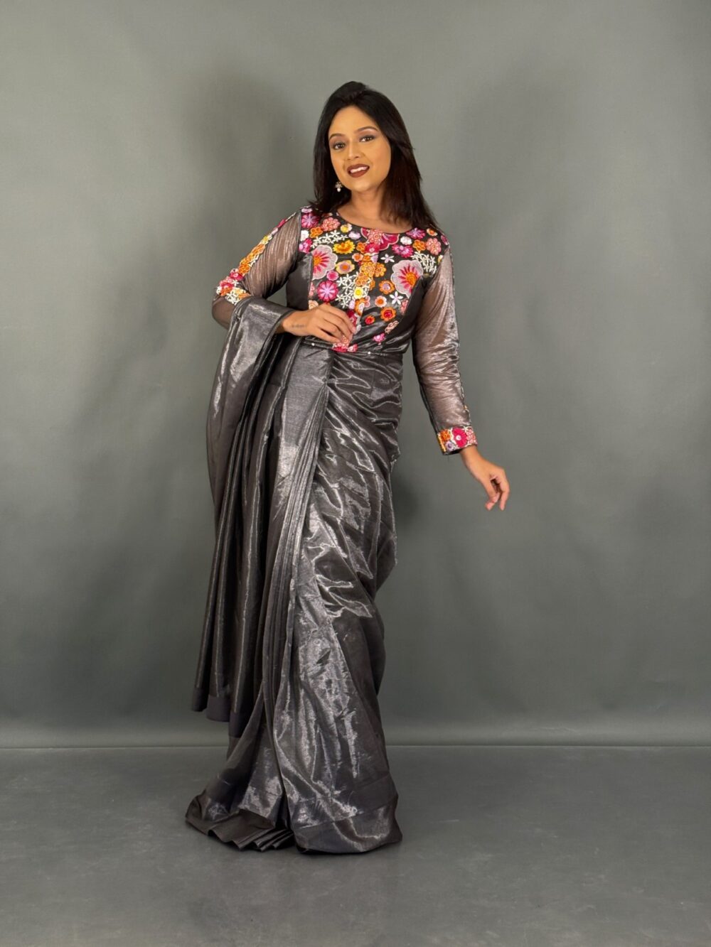 Shadow Bloom Charcoal Black Ready to wear saree - Image 5
