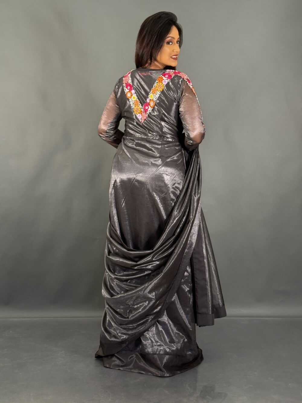 Shadow Bloom Charcoal Black Ready to wear saree - Image 2