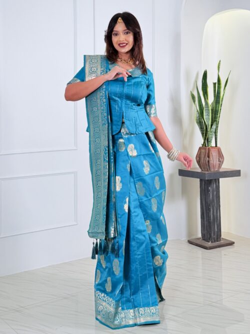 Plus Size Sea Green Majesty Ready-to-Wear Banarasi Saree Set