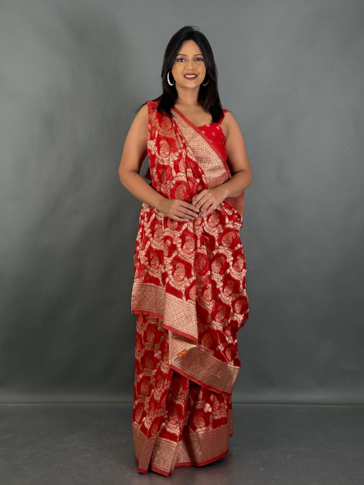 Crimson Charm Semi Tussar Banarasi Ready to wear saree Set