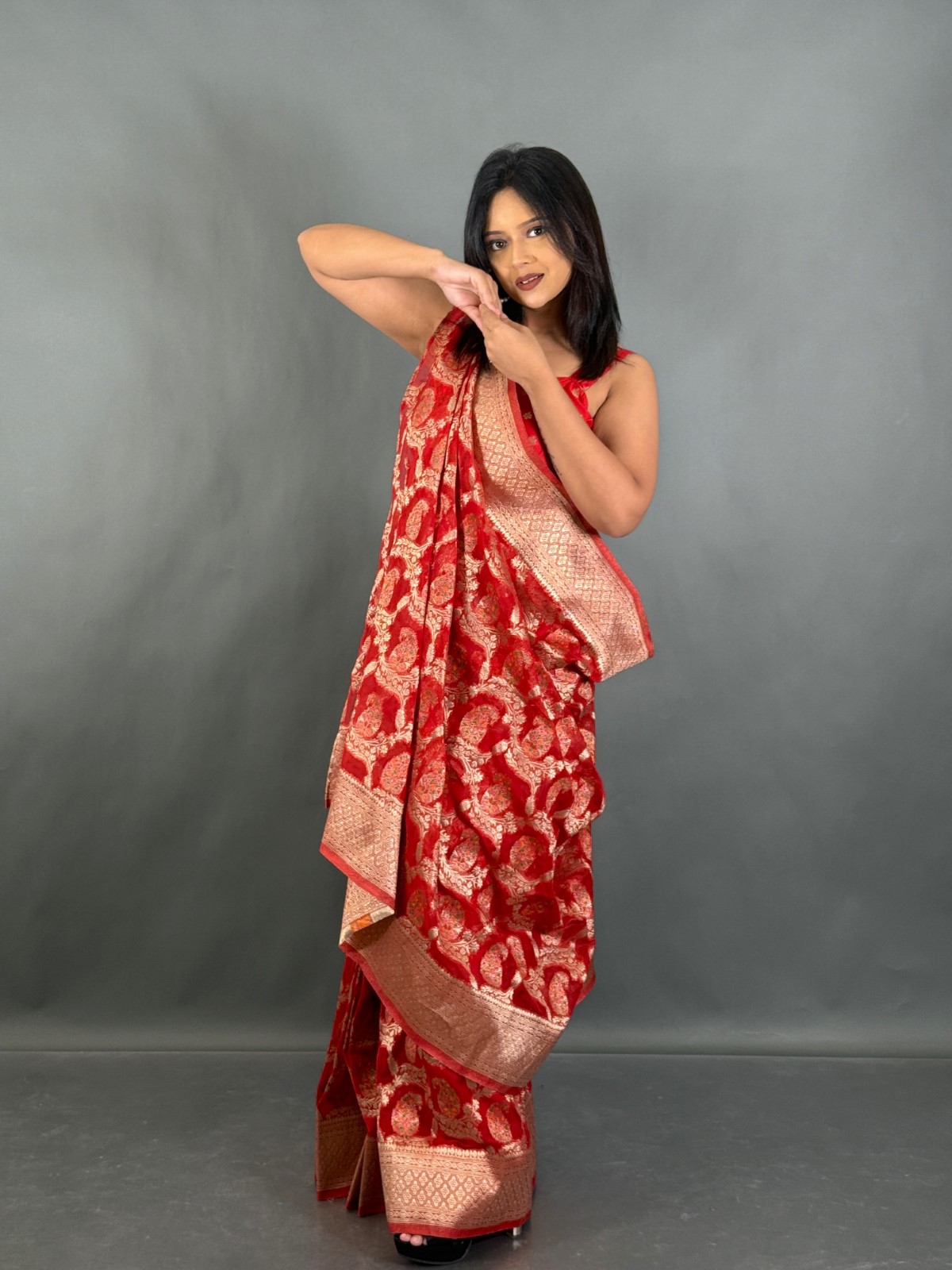 Crimson Charm Semi Tussar Banarasi Ready to wear saree Set - Image 4