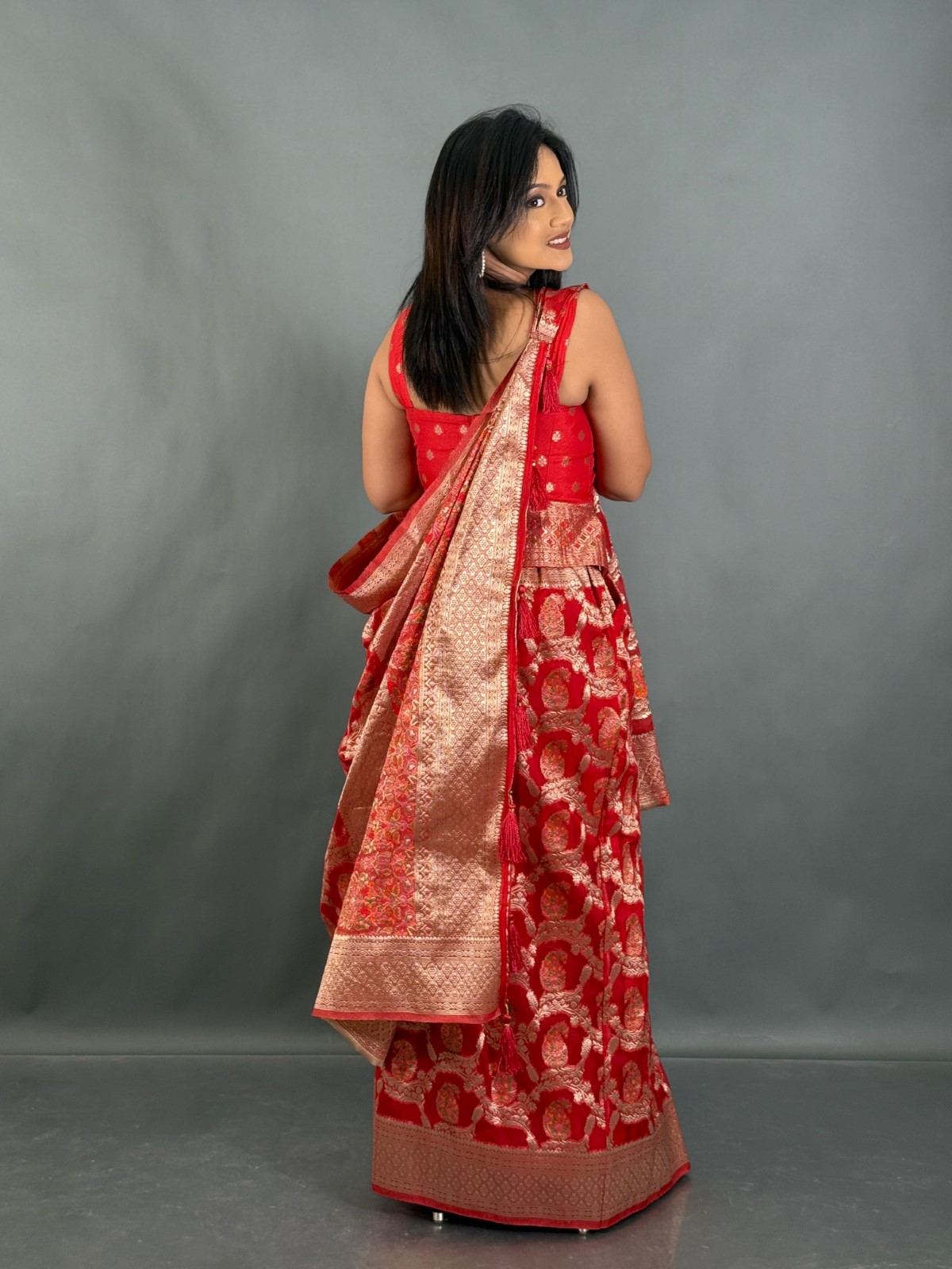 Crimson Charm Semi Tussar Banarasi Ready to wear saree Set - Image 5