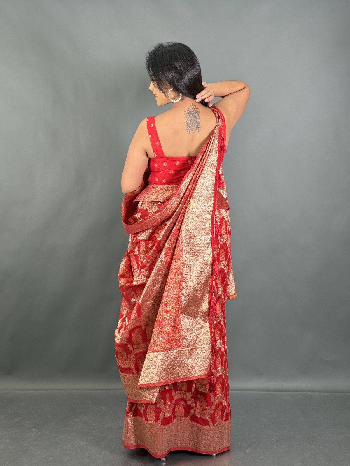 Crimson Charm Semi Tussar Banarasi Ready to wear saree Set - Image 3