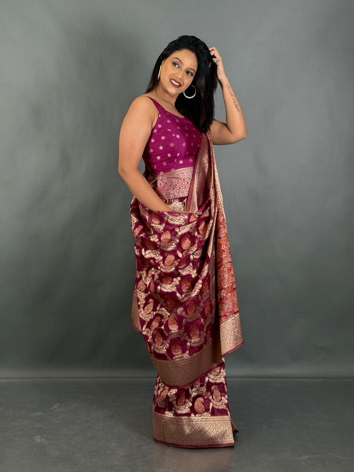 Blush Wine Grace Ready to wear saree set - Image 4