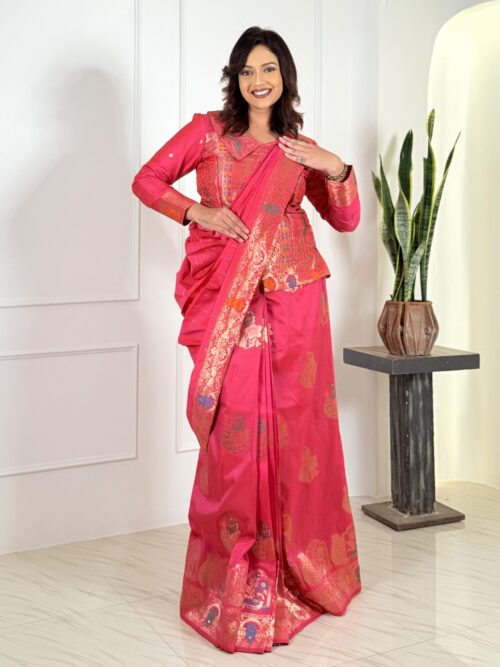 Radiant Rouge Plus Size Semi Katan Benarasi Fusion Set