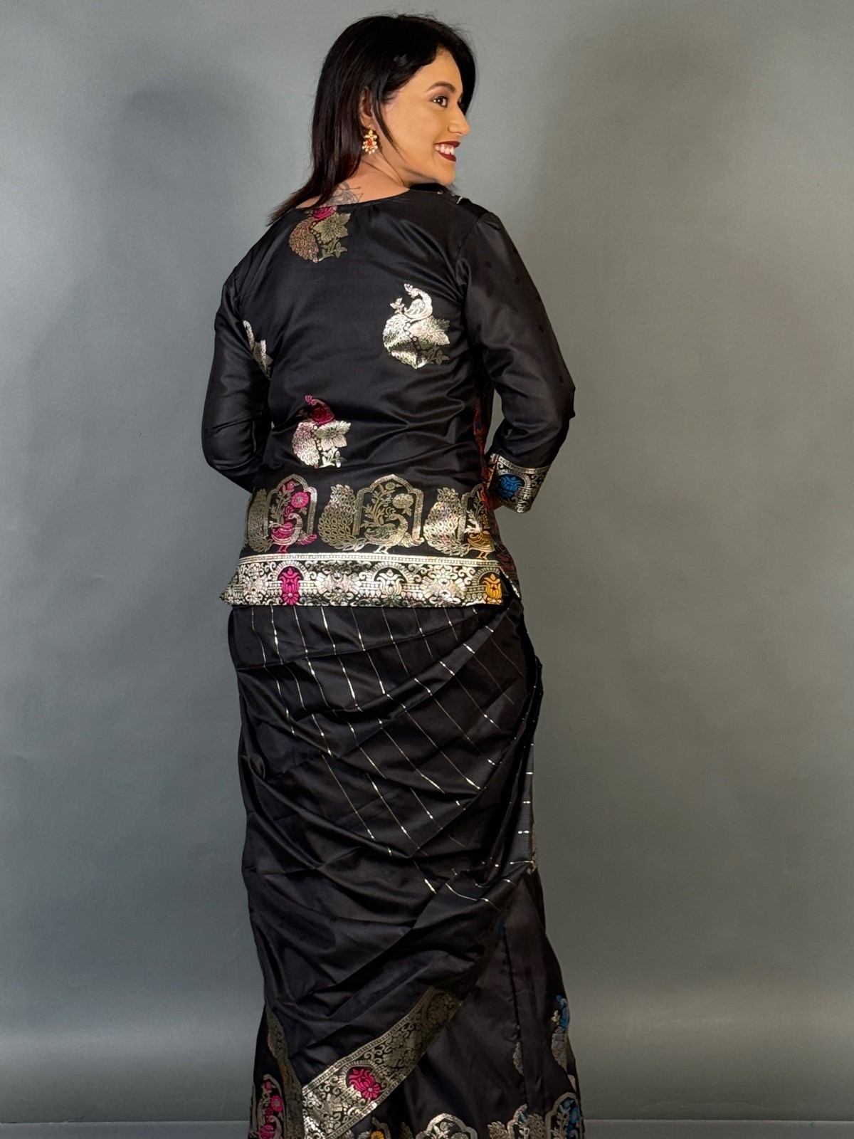 Midnight Elegance Black Fusion Partywear Saree Set - Image 3