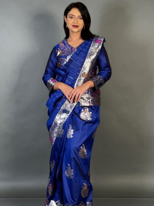Blue Aura Plus-Size Semi Katan Benarasi Fusion Saree Set