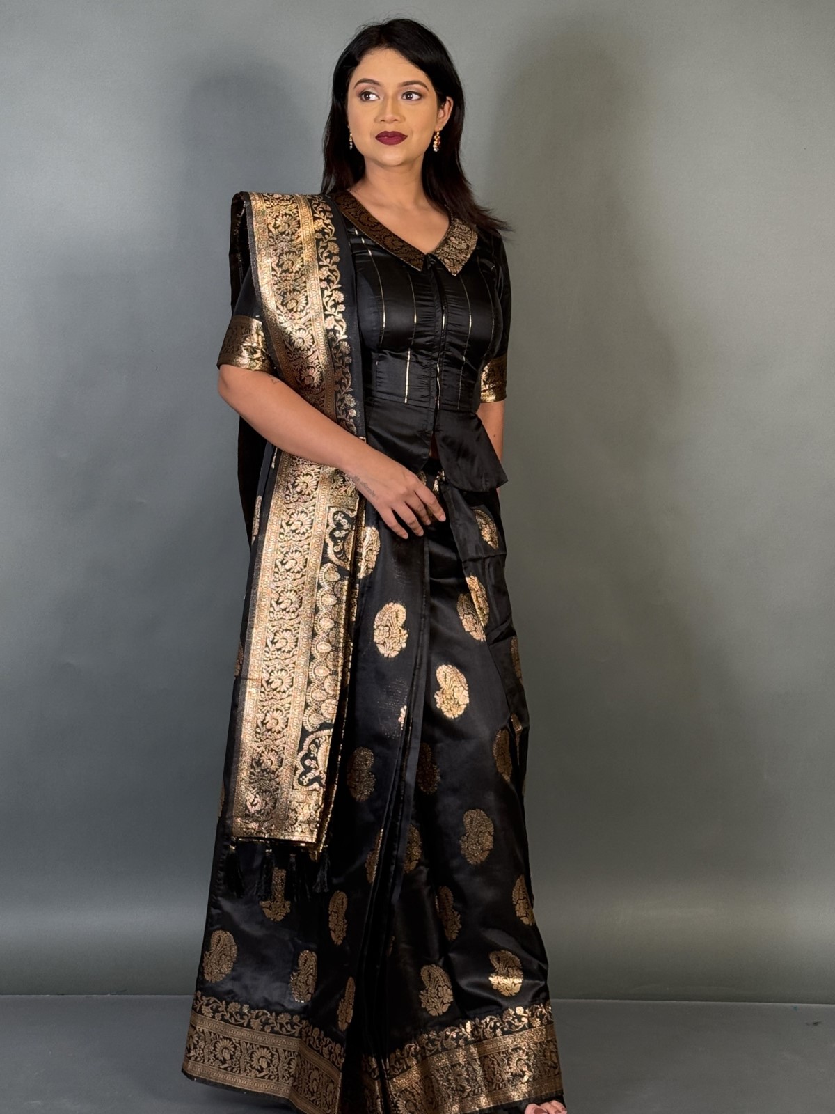 Regal Black Semi Katan Benarasi Fusion Saree Set - Image 2