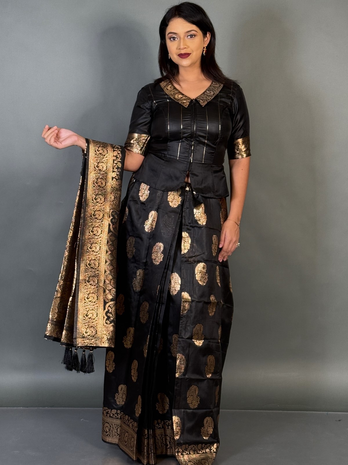 Regal Black Semi Katan Benarasi Fusion Saree Set - Image 3
