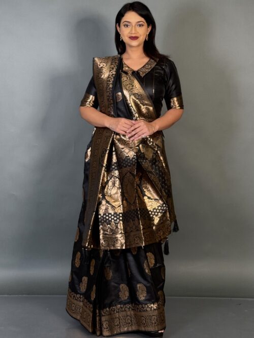 Regal Black Semi Katan Benarasi Fusion Saree Set
