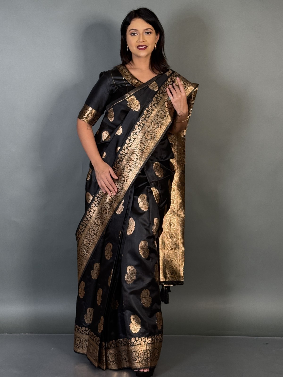 Regal Black Semi Katan Benarasi Fusion Saree Set - Image 5