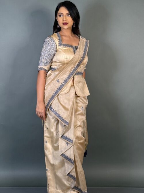 Regal Virgin Tussar & Navy Blue Ready-to-Wear Saree Set