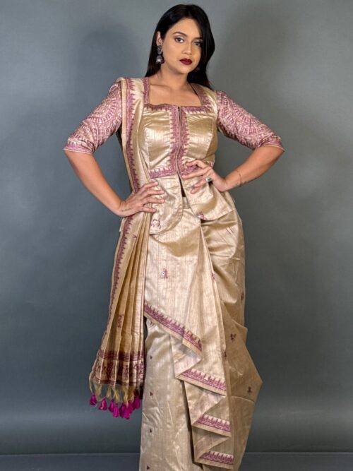 Luxury Wine Tussar Silk Ready-to-Wear Saree Set