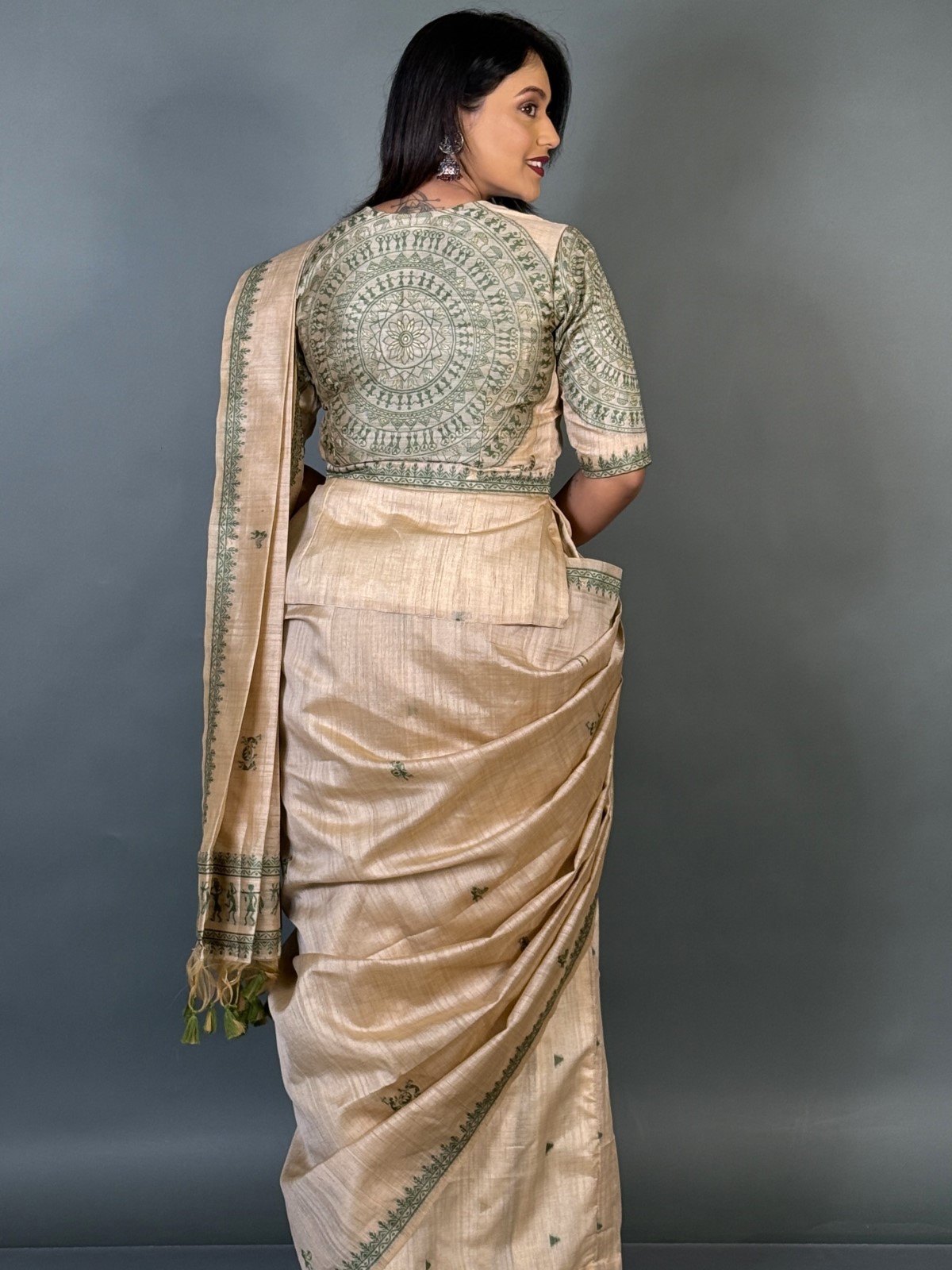 Emerald Grace Virgin Tussar Silk Ready-to-Wear Saree Set - Image 4
