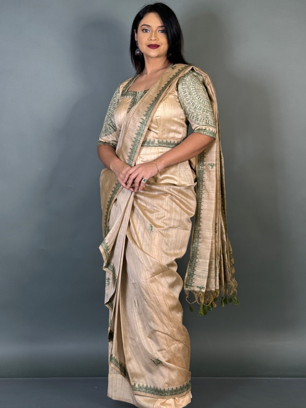 Emerald Grace Virgin Tussar Silk Ready-to-Wear Saree Set - Image 3