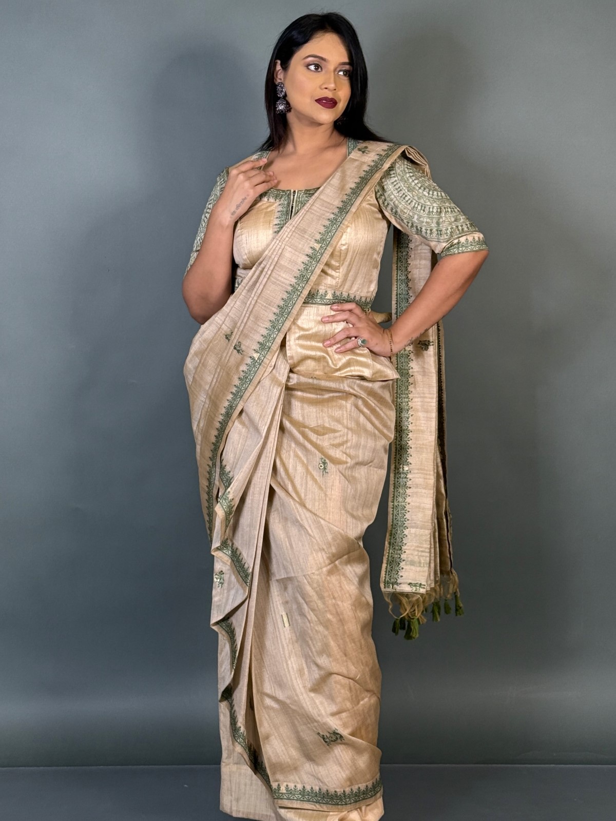 Emerald Grace Virgin Tussar Silk Ready-to-Wear Saree Set