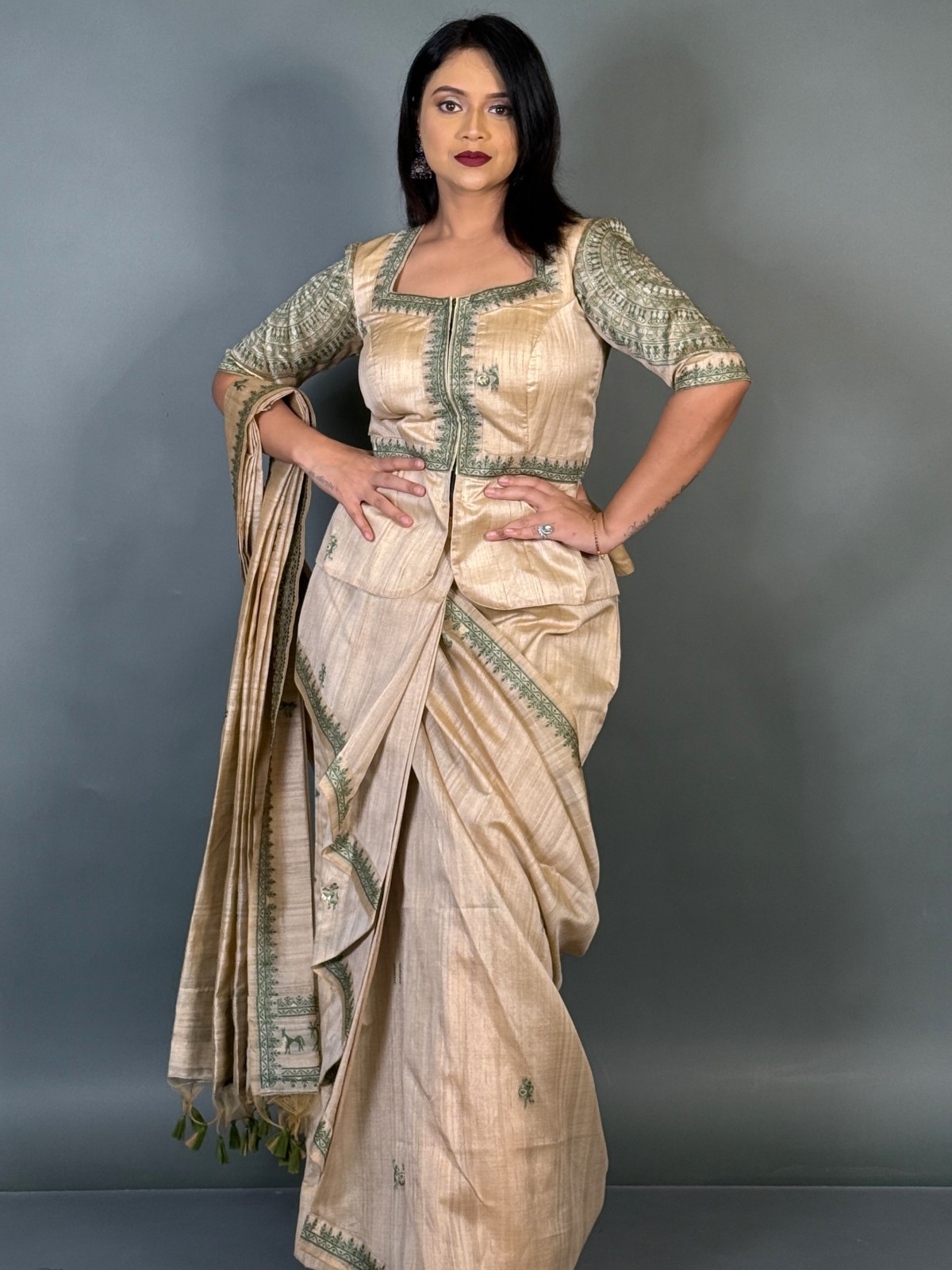Emerald Grace Virgin Tussar Silk Ready-to-Wear Saree Set - Image 2