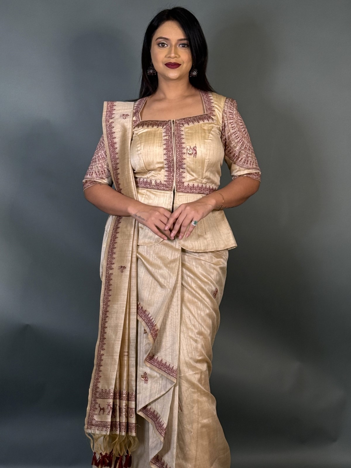 Royal Maroon Virgin Tussar Silk Ready-to-Wear Saree Set - Image 2