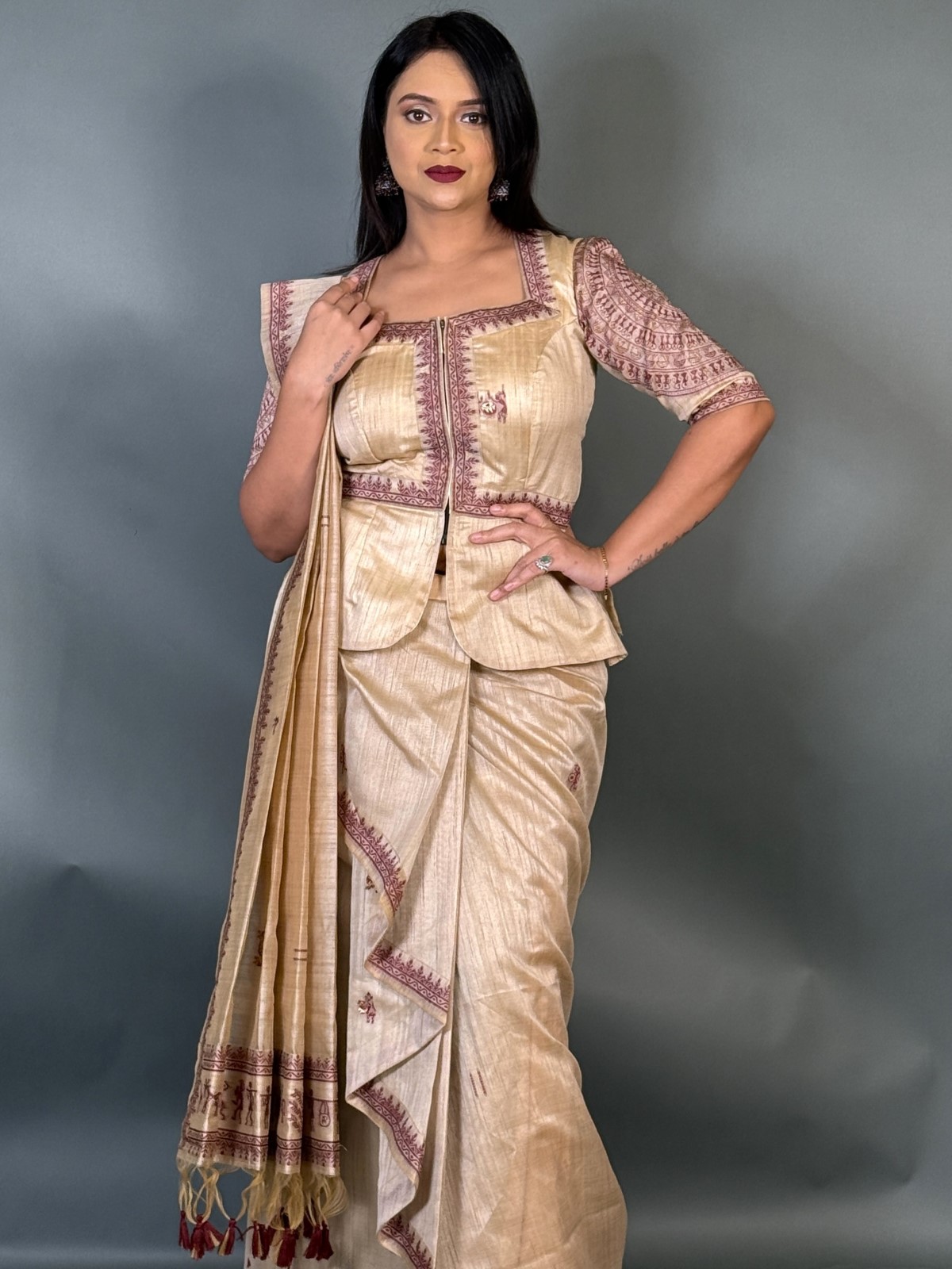 Royal Maroon Virgin Tussar Silk Ready-to-Wear Saree Set