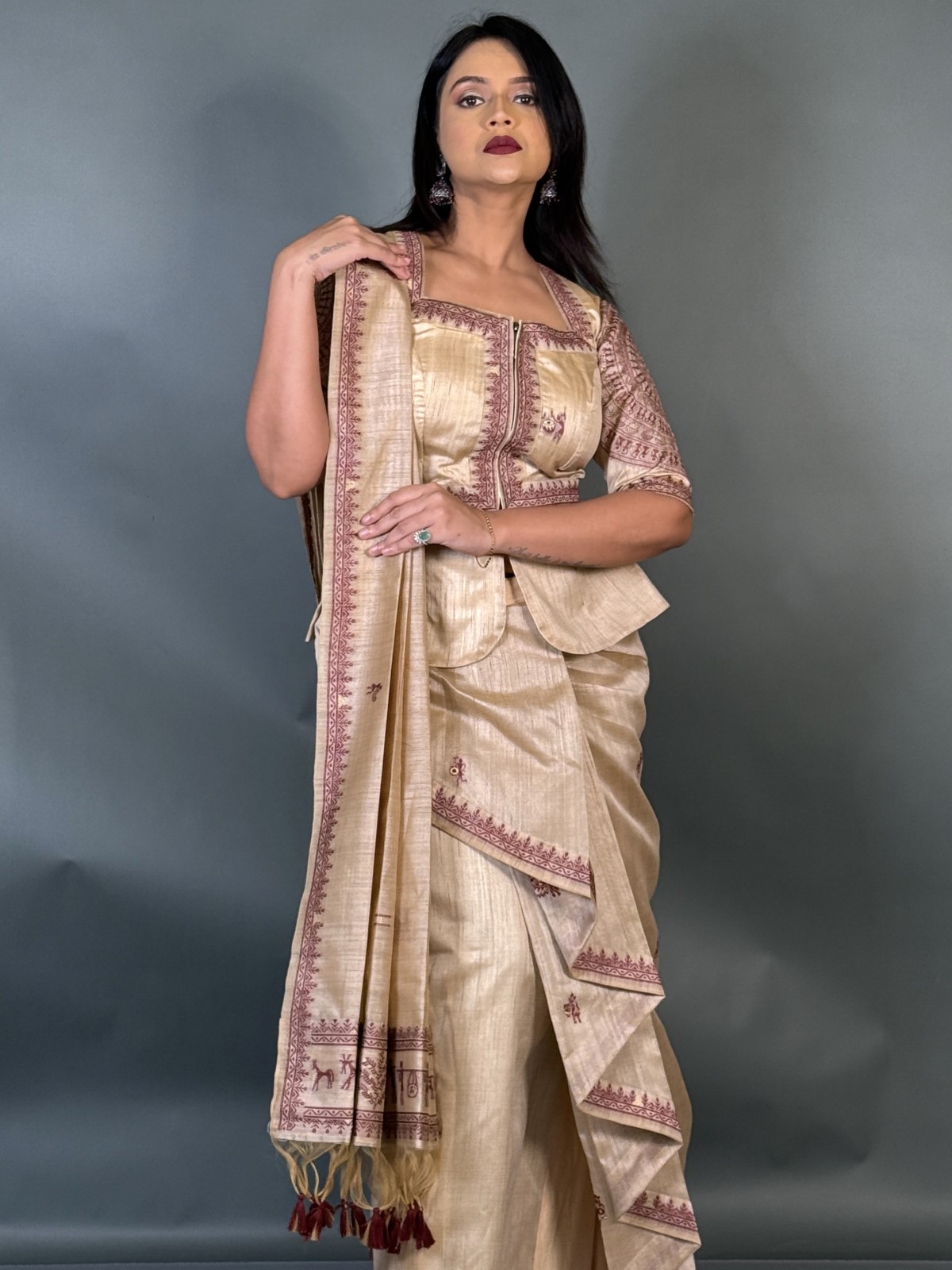 Royal Maroon Virgin Tussar Silk Ready-to-Wear Saree Set - Image 3