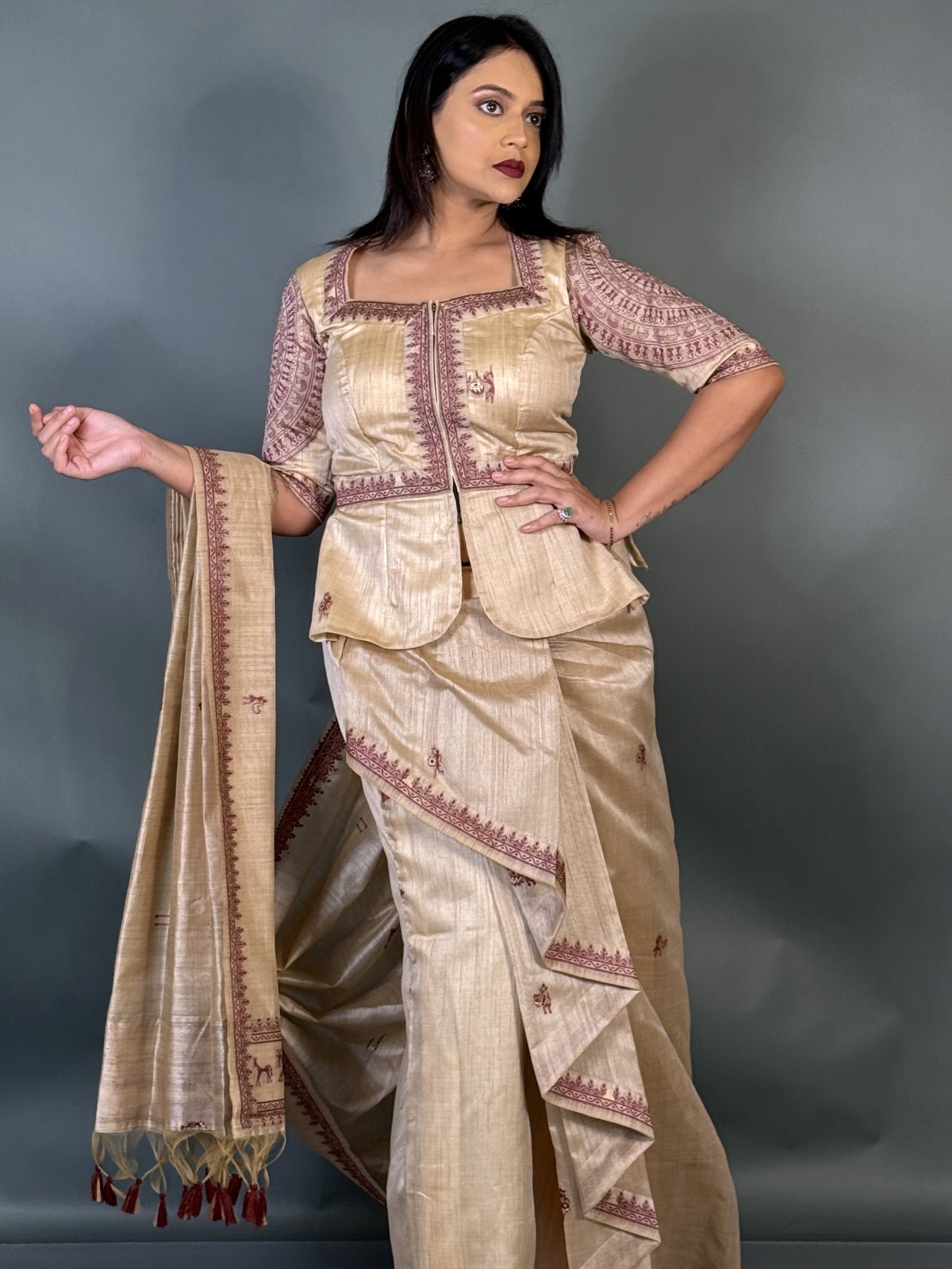 Royal Maroon Virgin Tussar Silk Ready-to-Wear Saree Set - Image 4