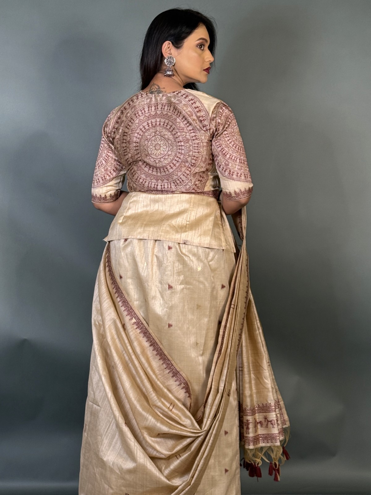 Royal Maroon Virgin Tussar Silk Ready-to-Wear Saree Set - Image 8