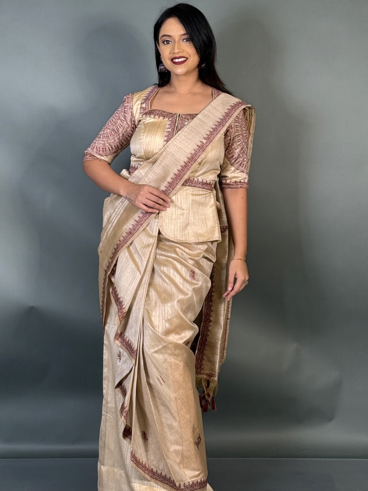 Royal Maroon Virgin Tussar Silk Ready-to-Wear Saree Set - Image 7