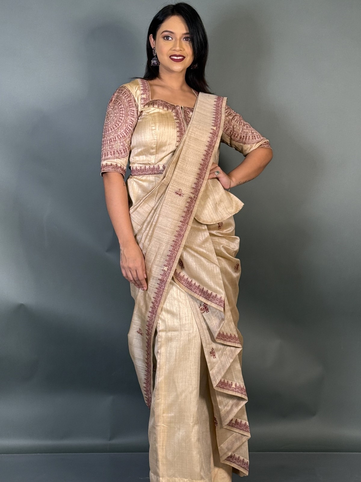 Royal Maroon Virgin Tussar Silk Ready-to-Wear Saree Set - Image 6