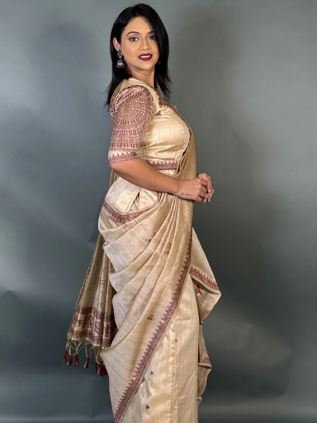 Royal Maroon Virgin Tussar Silk Ready-to-Wear Saree Set - Image 5