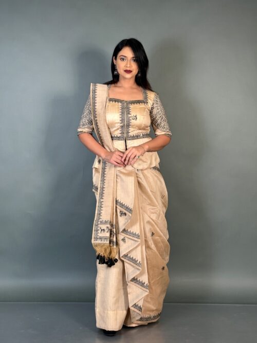 Midnight Charm Virgin Tussar Silk Ready-to-Wear Saree Set