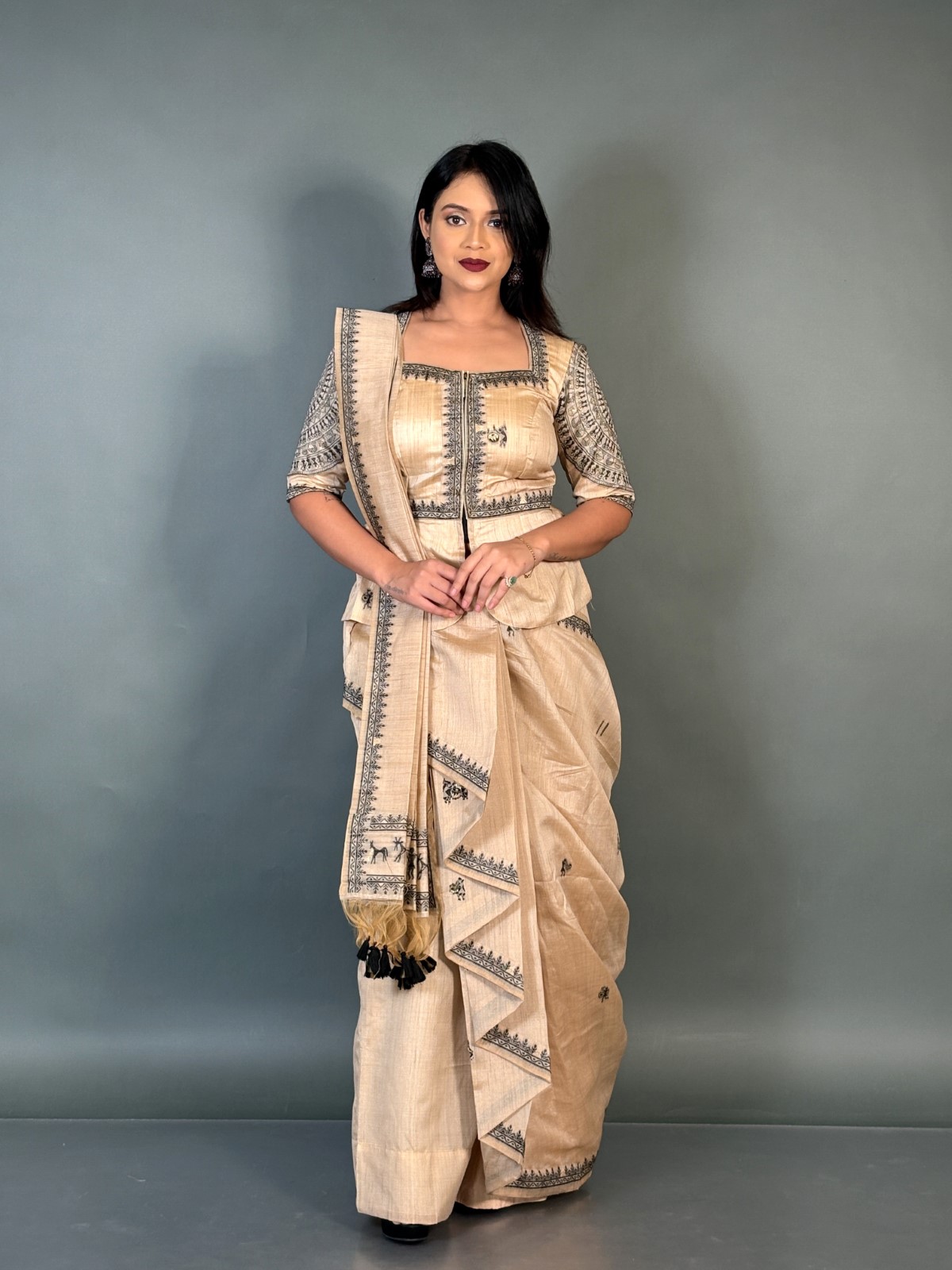 Midnight Charm Virgin Tussar Silk Ready-to-Wear Saree Set