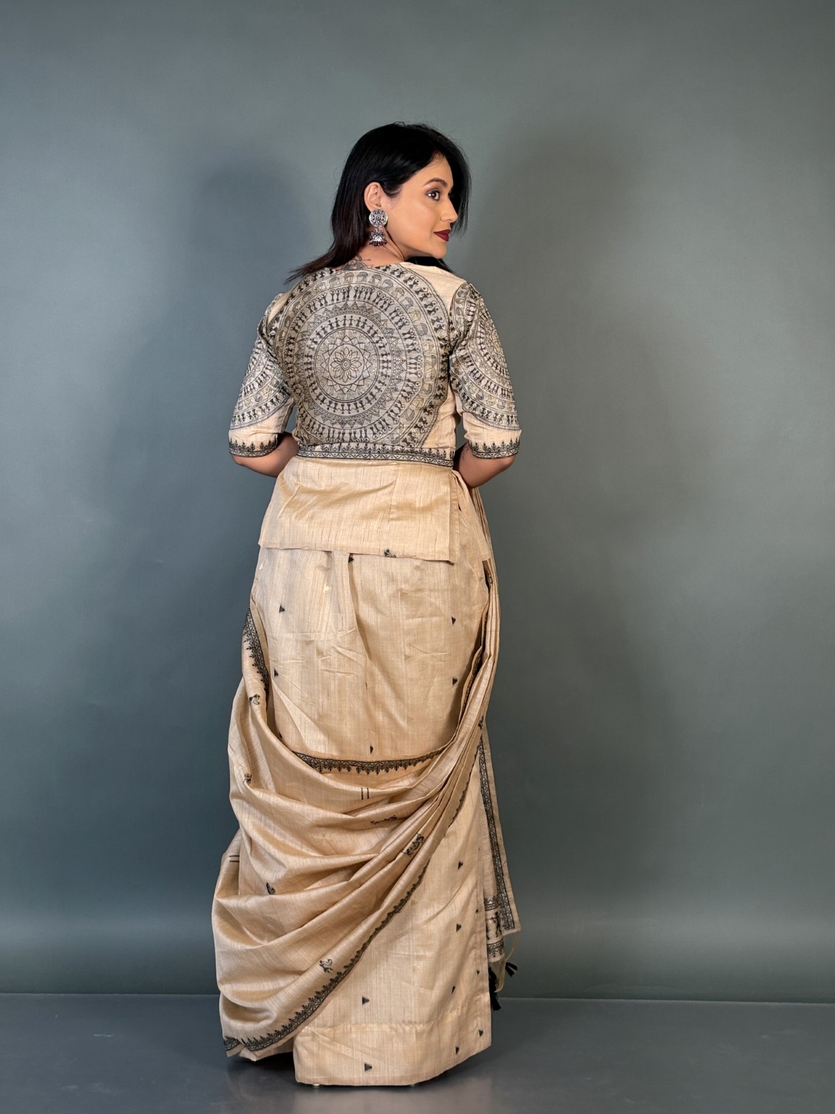 Midnight Charm Virgin Tussar Silk Ready-to-Wear Saree Set - Image 3