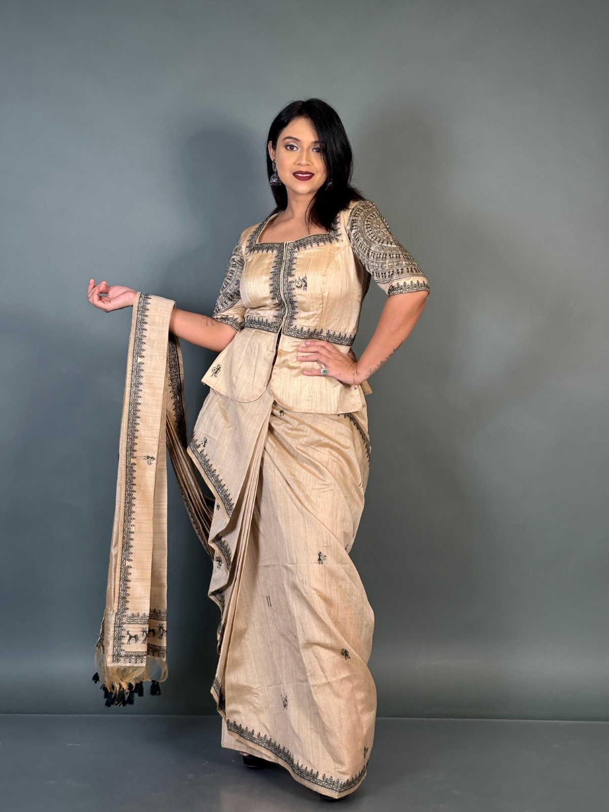 Midnight Charm Virgin Tussar Silk Ready-to-Wear Saree Set - Image 4