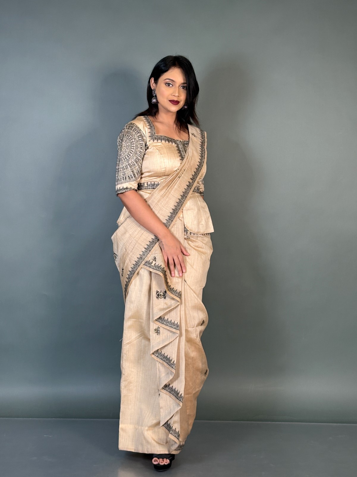 Midnight Charm Virgin Tussar Silk Ready-to-Wear Saree Set - Image 5