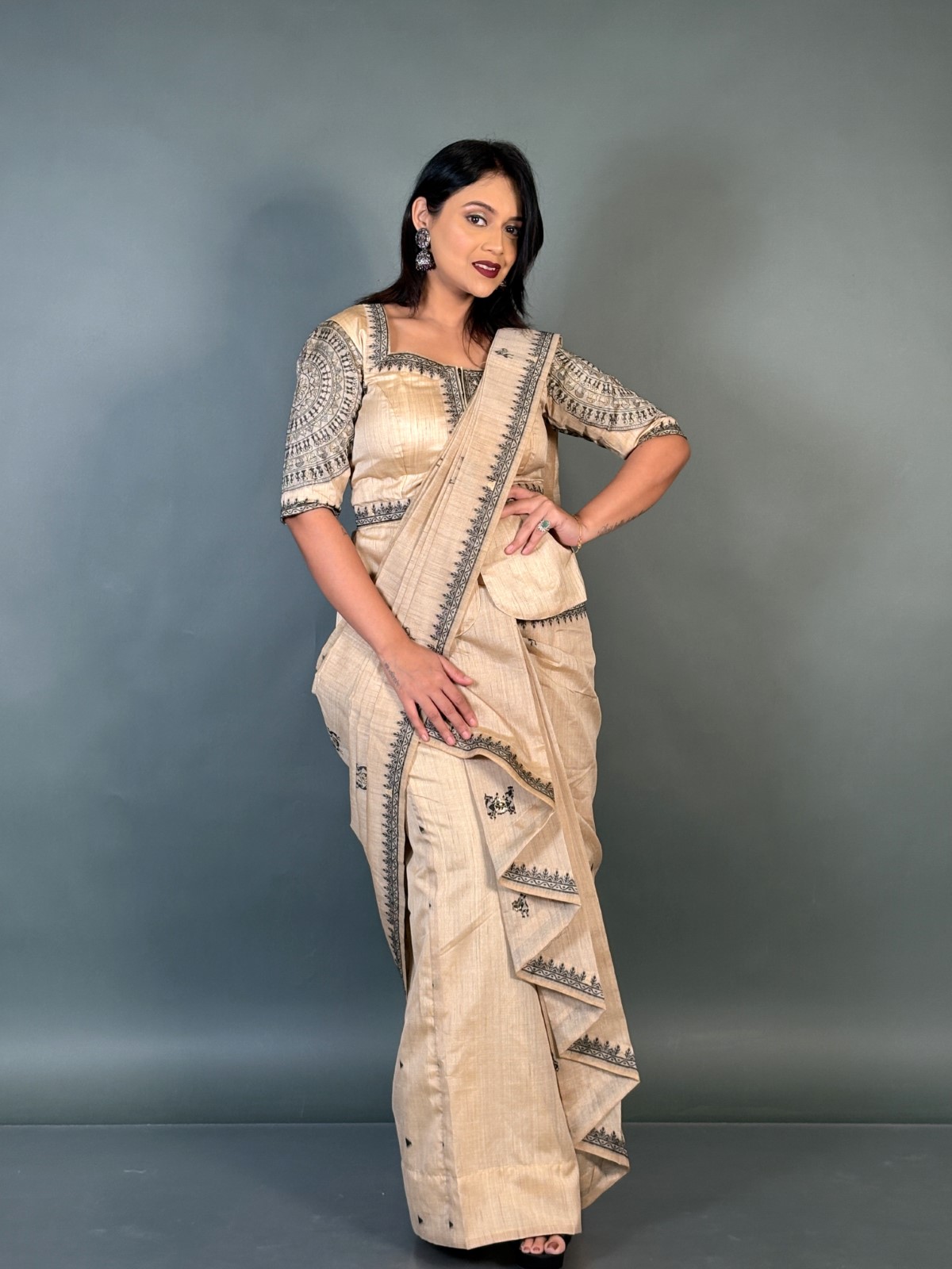 Midnight Charm Virgin Tussar Silk Ready-to-Wear Saree Set - Image 6