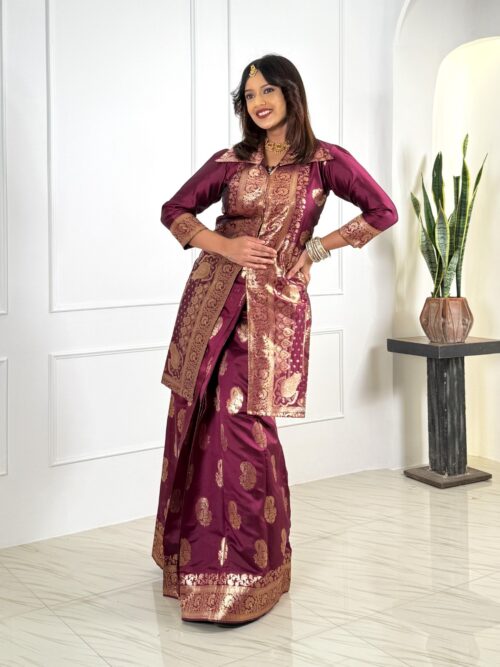 Wine Glow Semi-Katan Banarasi Fusion Set