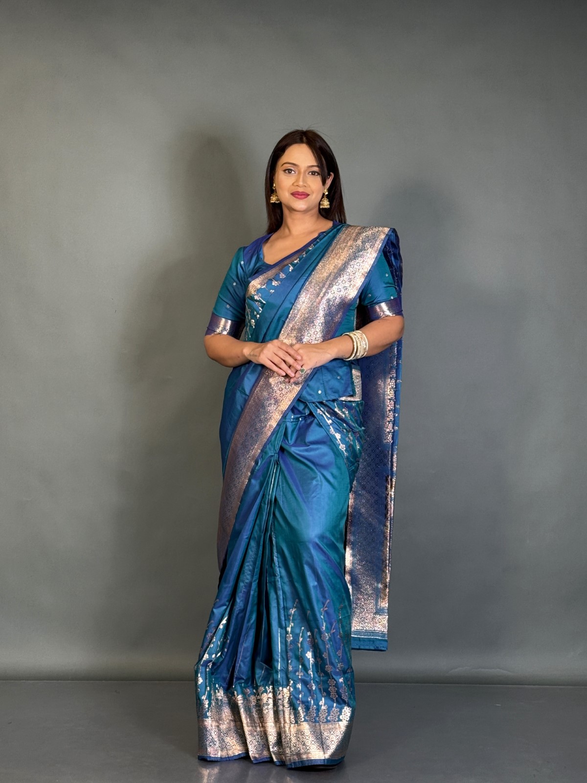 Moonlit Firoza Semi Katan Banarasi Plus Size Saree Set - Image 5