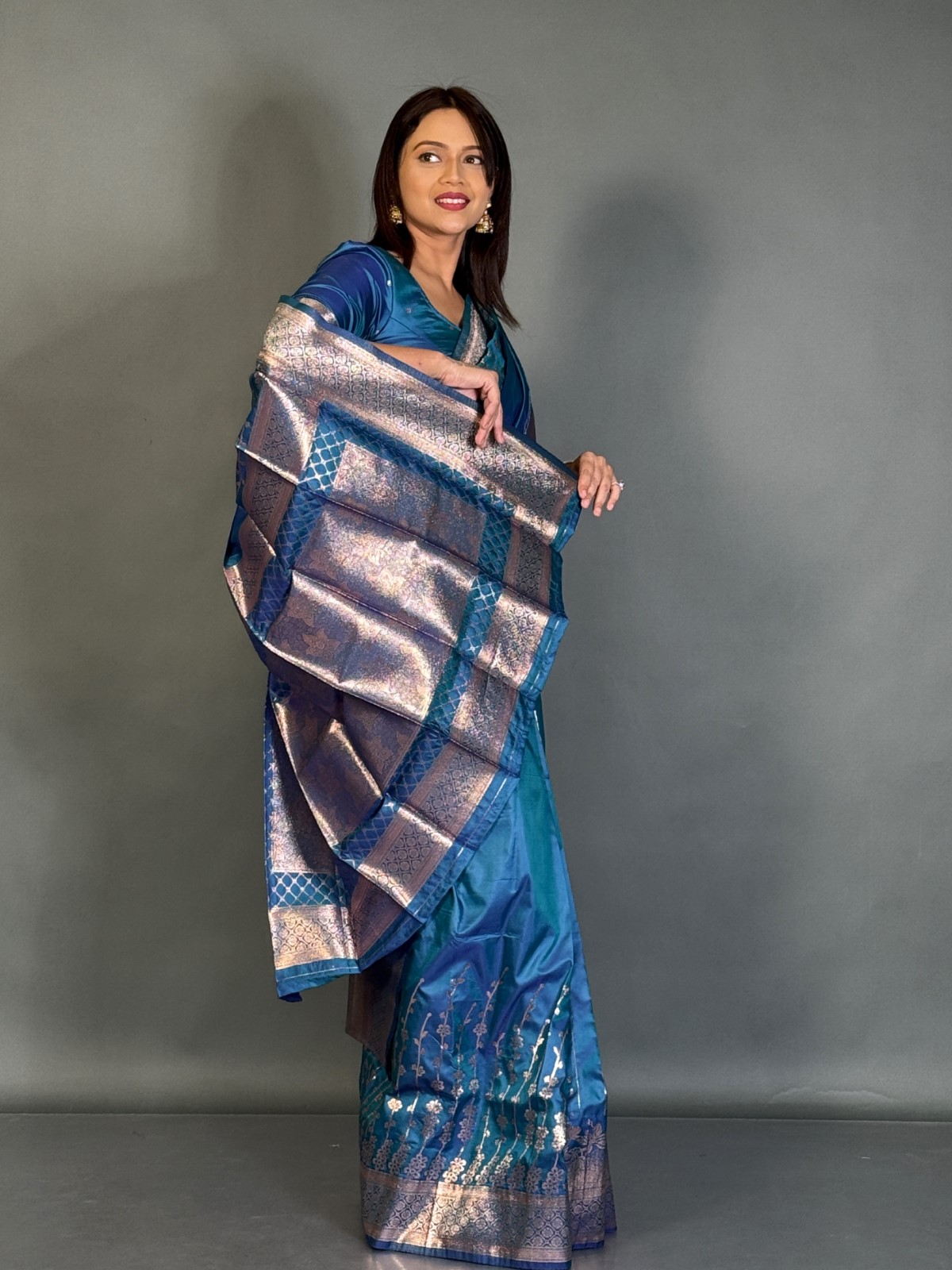 Moonlit Firoza Semi Katan Banarasi Plus Size Saree Set - Image 3