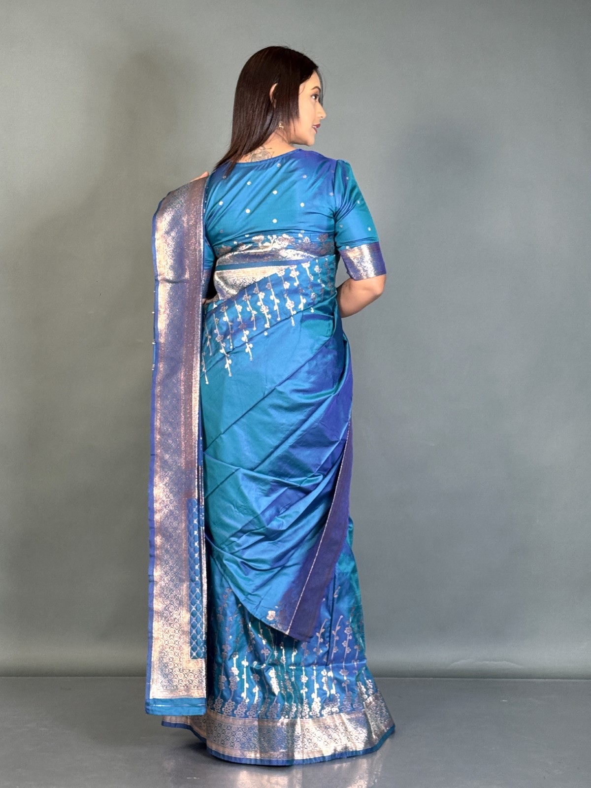 Moonlit Firoza Semi Katan Banarasi Plus Size Saree Set - Image 2