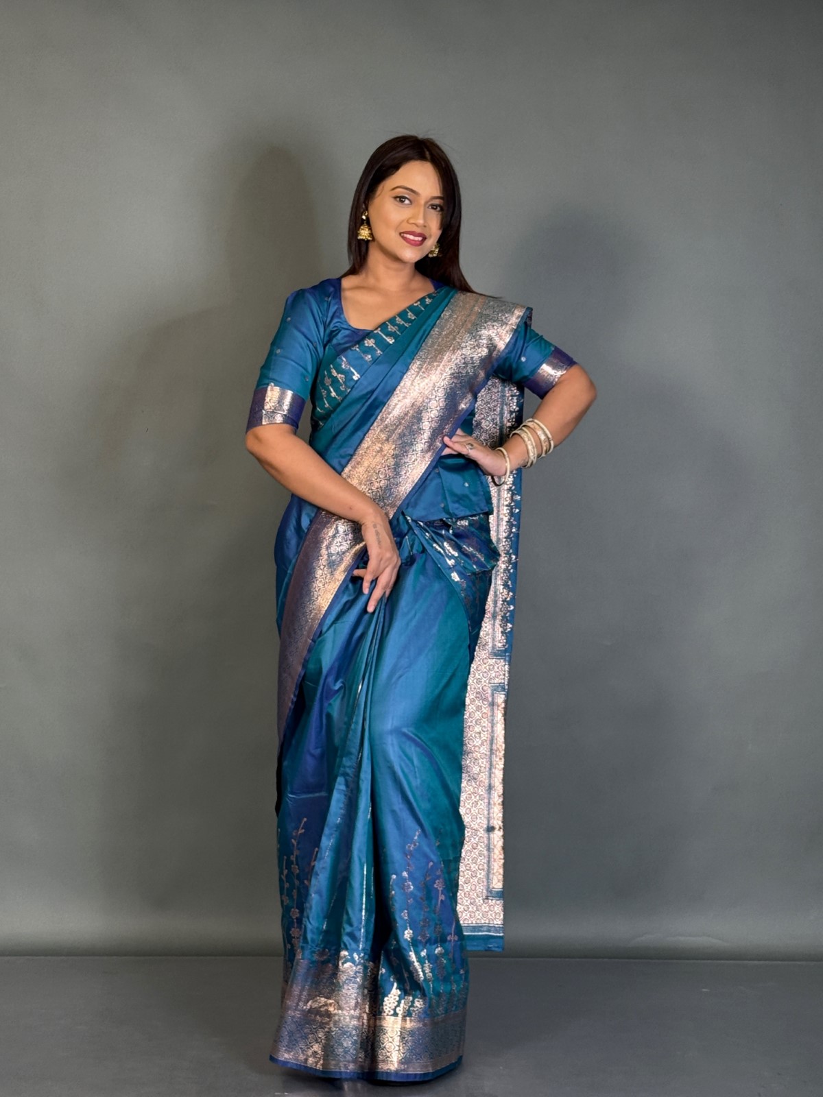 Moonlit Firoza Semi Katan Banarasi Plus Size Saree Set