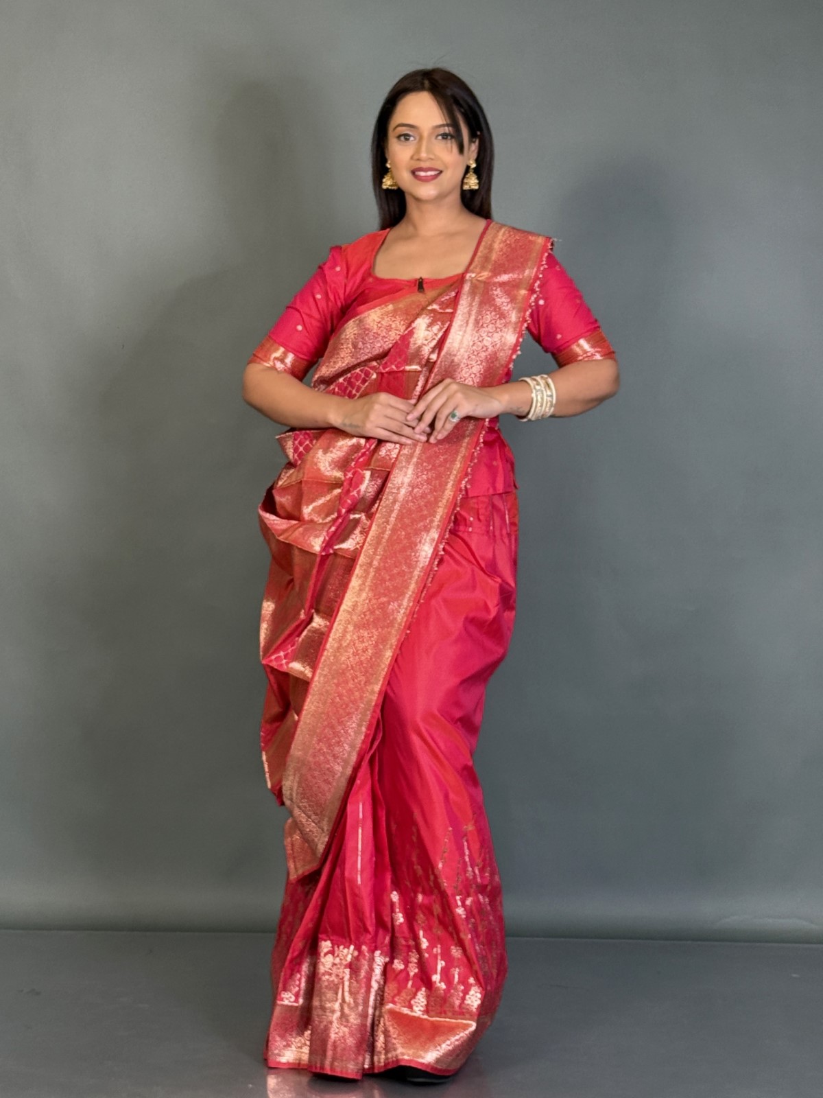 Tomato Red Ethereal Weave Ready to Wear Saree Set - Image 2
