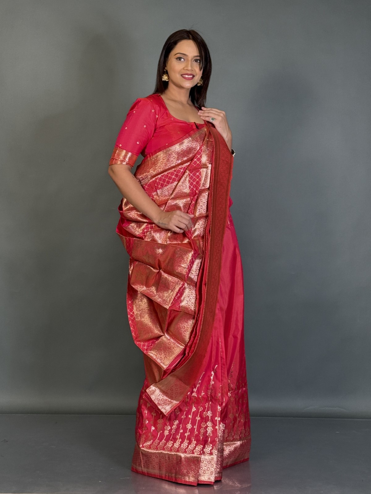 Tomato Red Ethereal Weave Ready to Wear Saree Set - Image 7