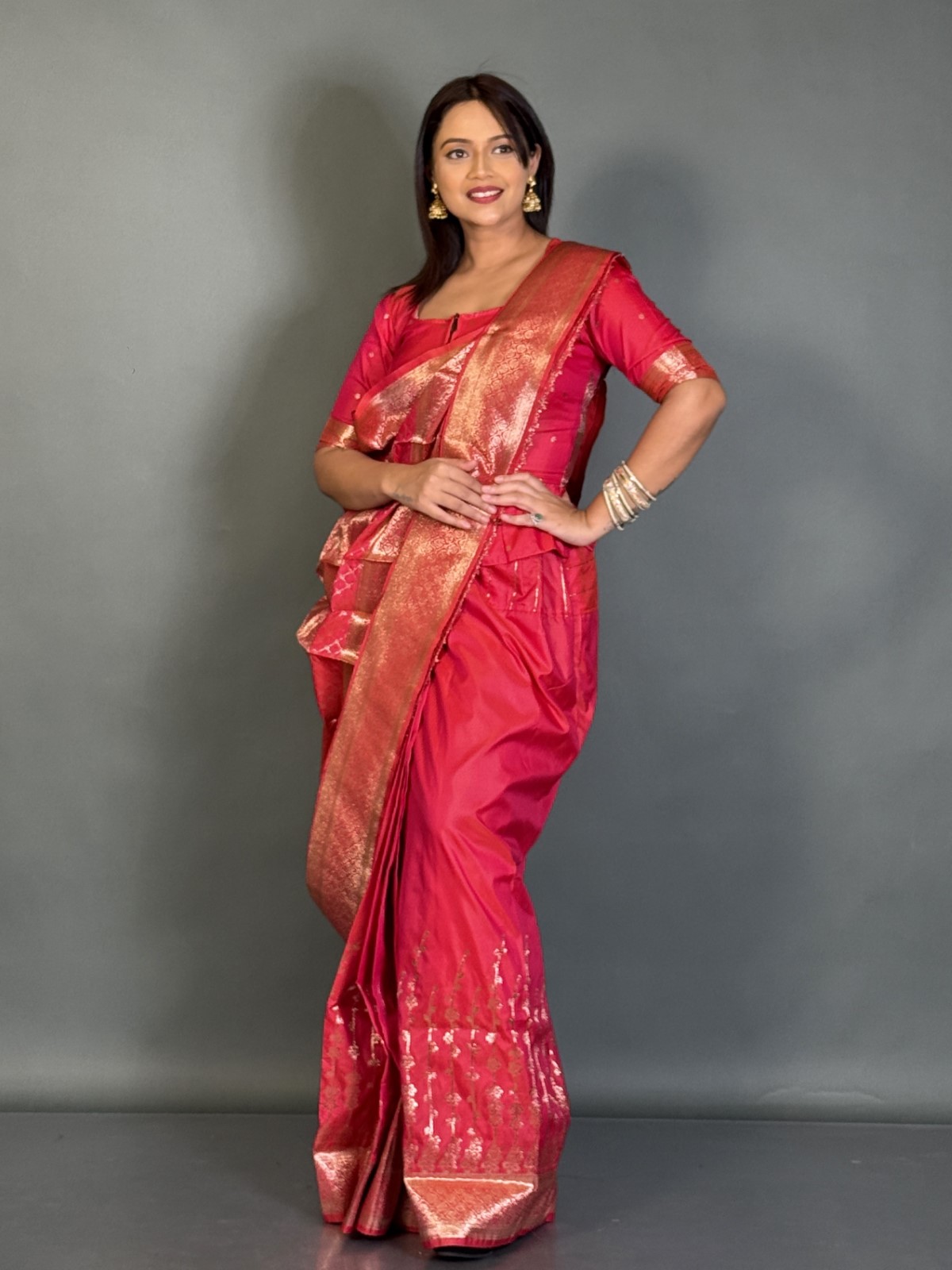 Tomato Red Ethereal Weave Ready to Wear Saree Set