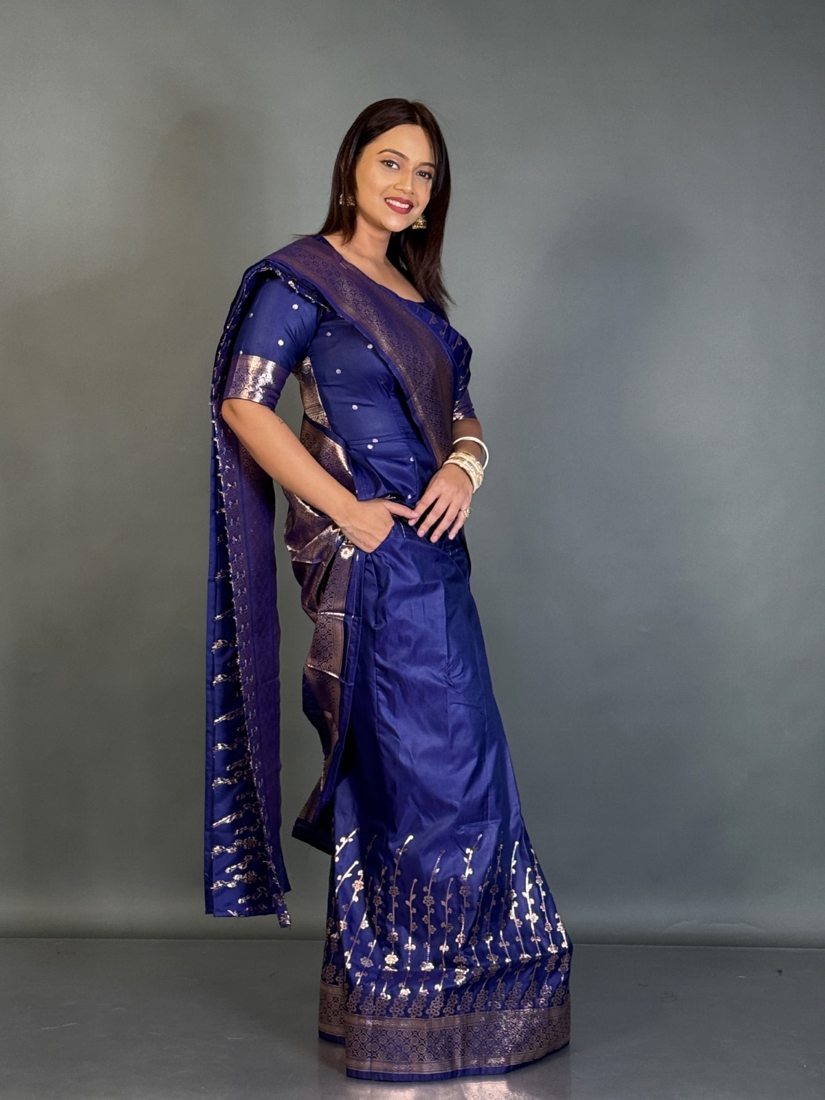Stunning Carbon Blue Plus Size Party Ready-to-Wear Saree Set