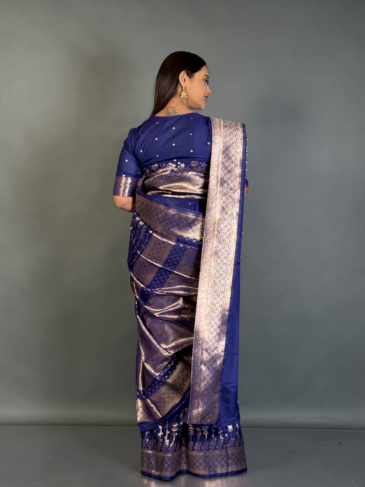 Stunning Carbon Blue Plus Size Party Ready-to-Wear Saree Set - Image 3