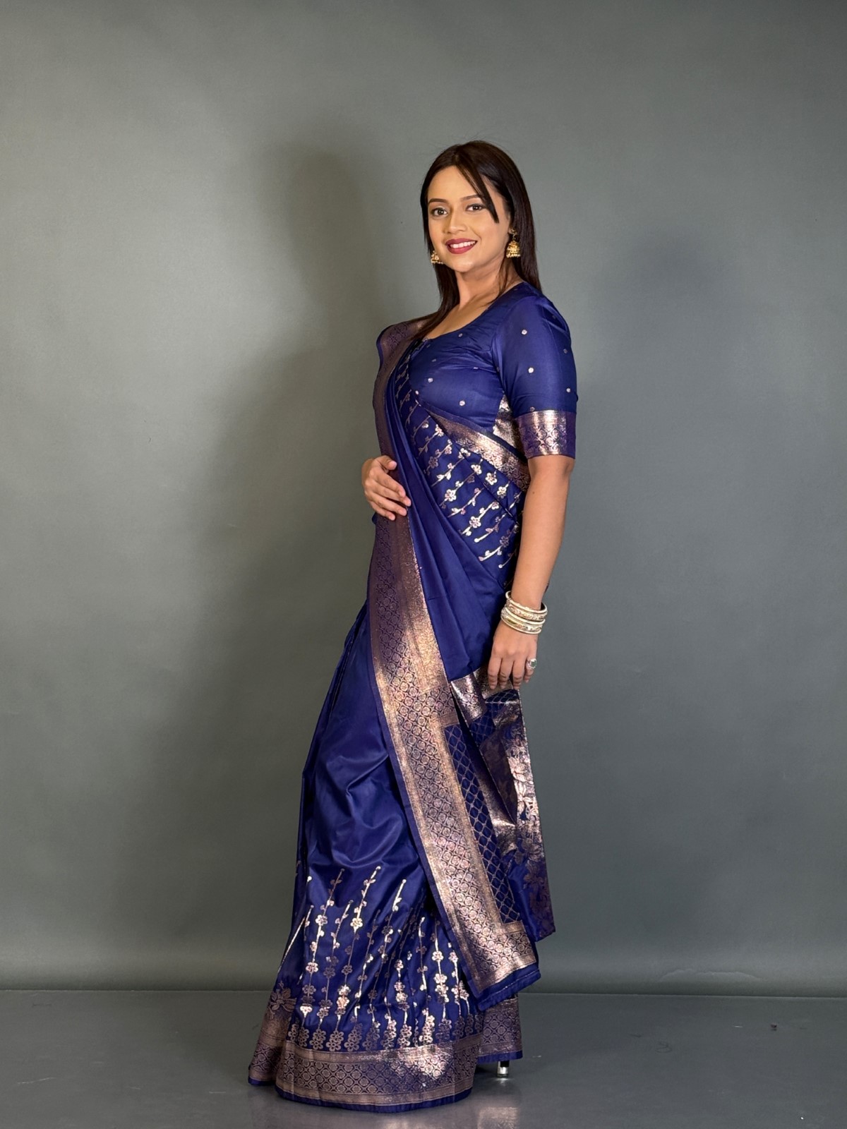 Stunning Carbon Blue Plus Size Party Ready-to-Wear Saree Set - Image 4