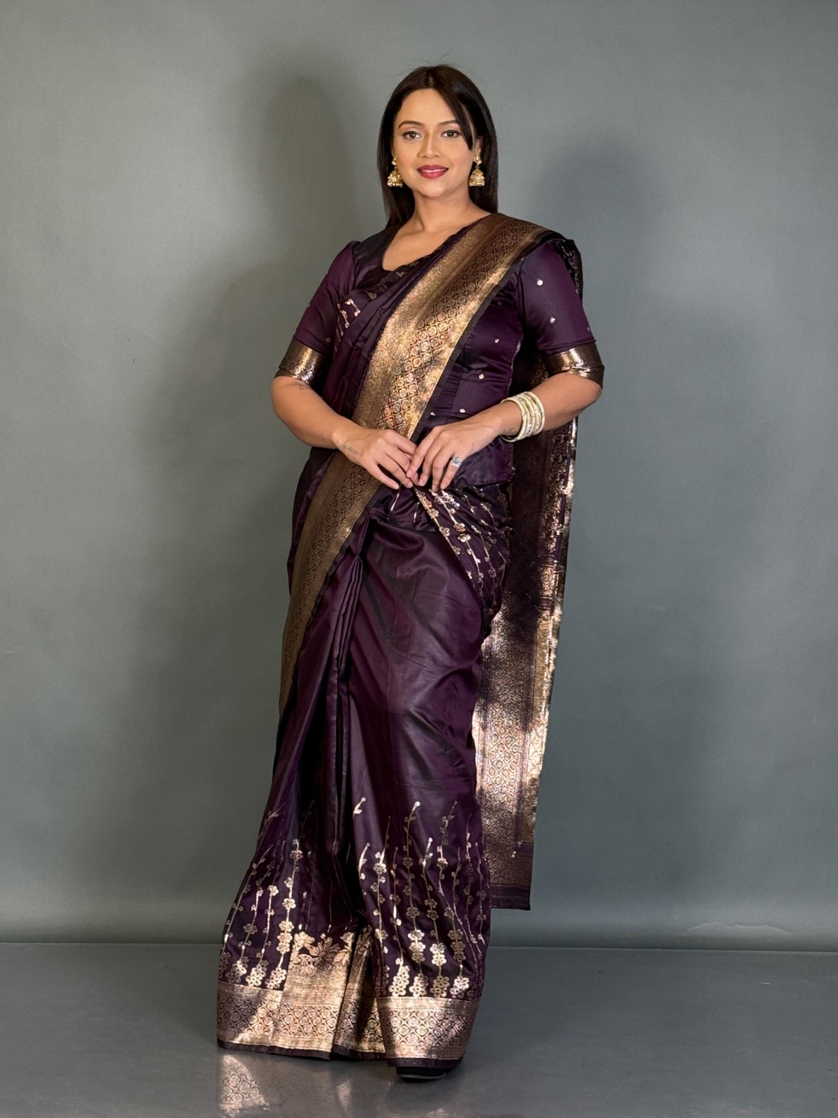 Royal Wine Zari-Weave Semi Katan Benarasi Ready to wear Saree Set