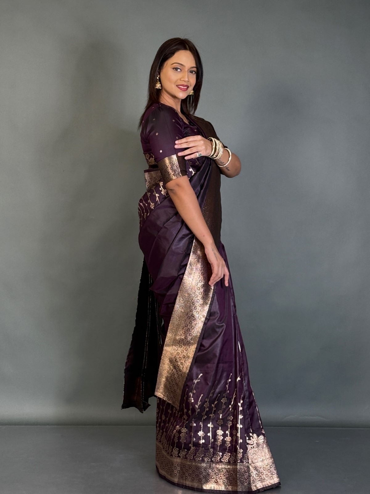 Royal Wine Zari-Weave Semi Katan Benarasi Ready to wear Saree Set - Image 2