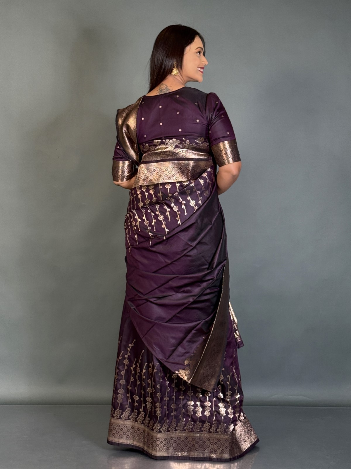 Royal Wine Zari-Weave Semi Katan Benarasi Ready to wear Saree Set - Image 5