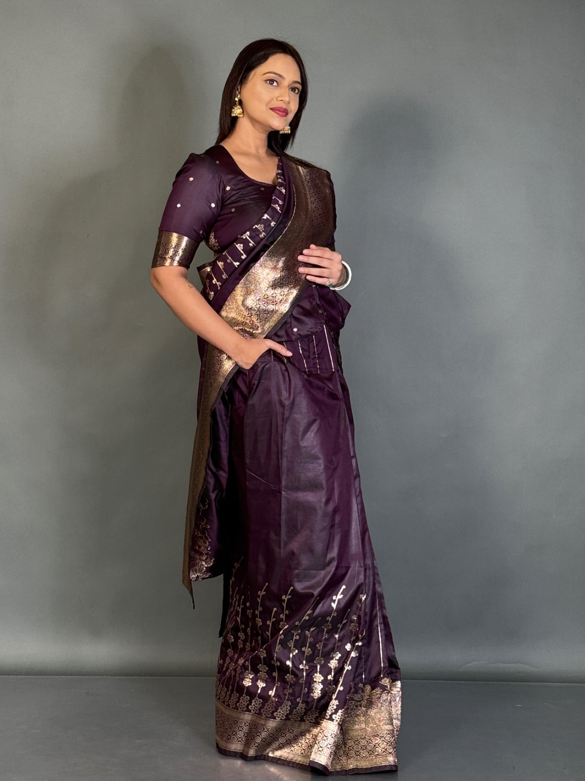 Royal Wine Zari-Weave Semi Katan Benarasi Ready to wear Saree Set - Image 4